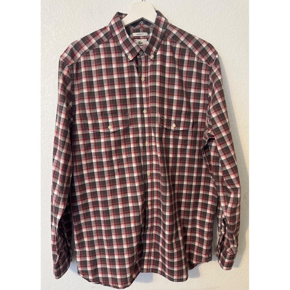 Lacoste Modern Fit Plaid Button Down Long Sleeve Shirt Mens Size 42